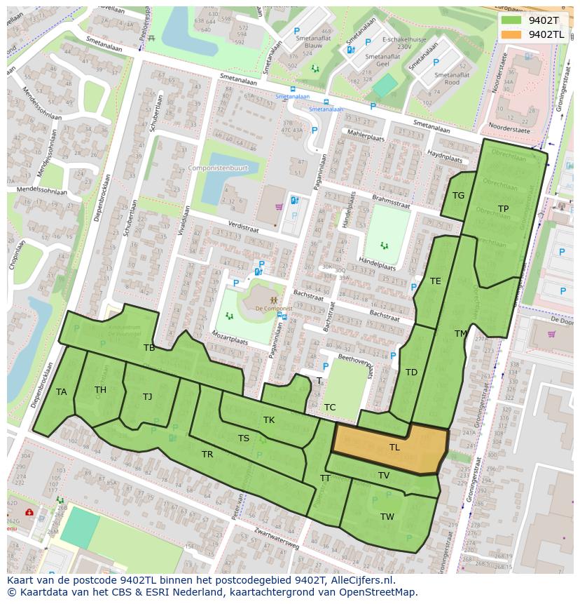 Afbeelding van het postcodegebied 9402 TL op de kaart.