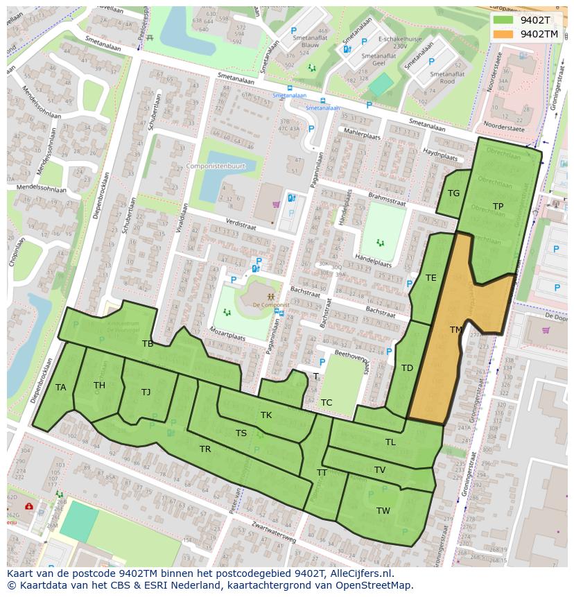 Afbeelding van het postcodegebied 9402 TM op de kaart.