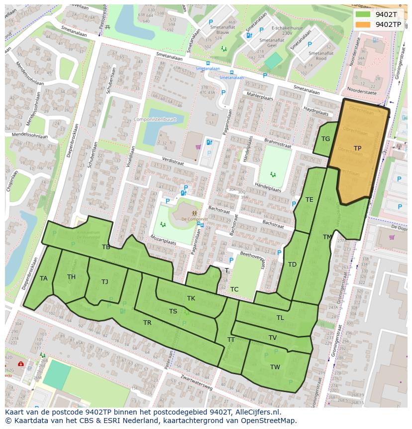 Afbeelding van het postcodegebied 9402 TP op de kaart.