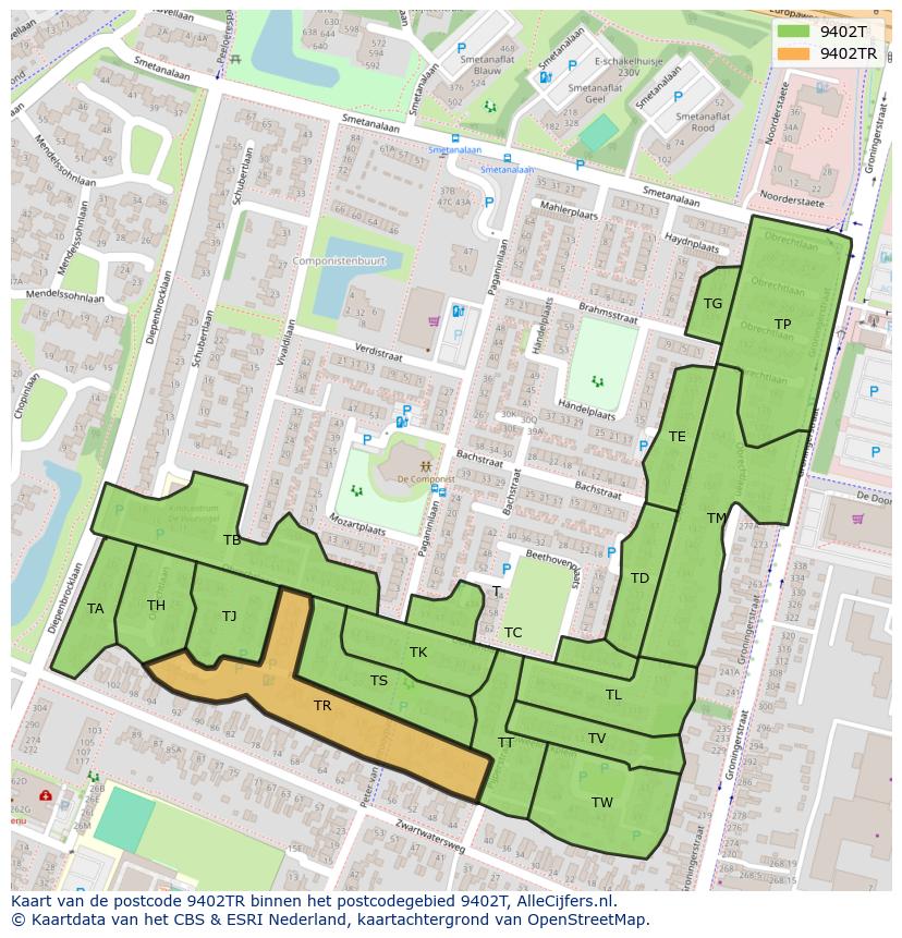 Afbeelding van het postcodegebied 9402 TR op de kaart.