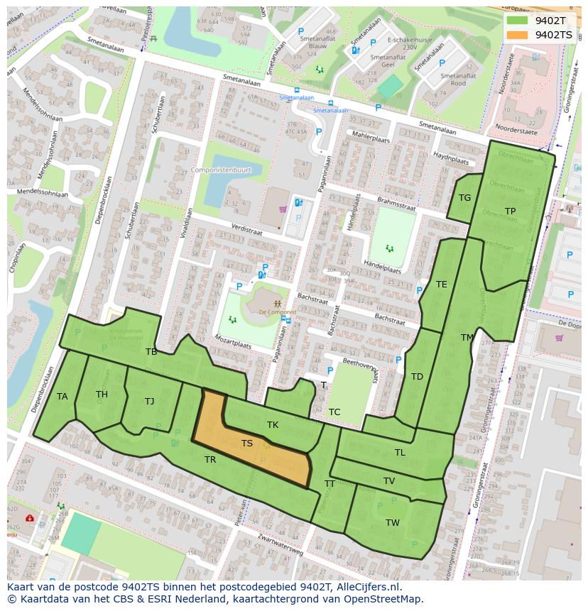 Afbeelding van het postcodegebied 9402 TS op de kaart.