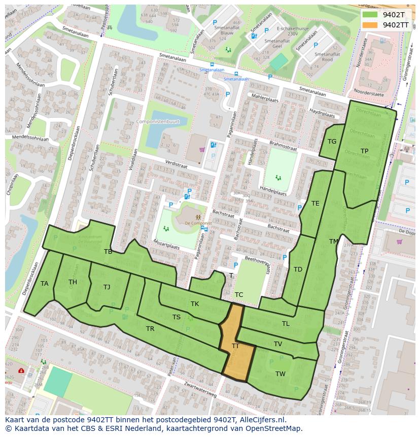 Afbeelding van het postcodegebied 9402 TT op de kaart.