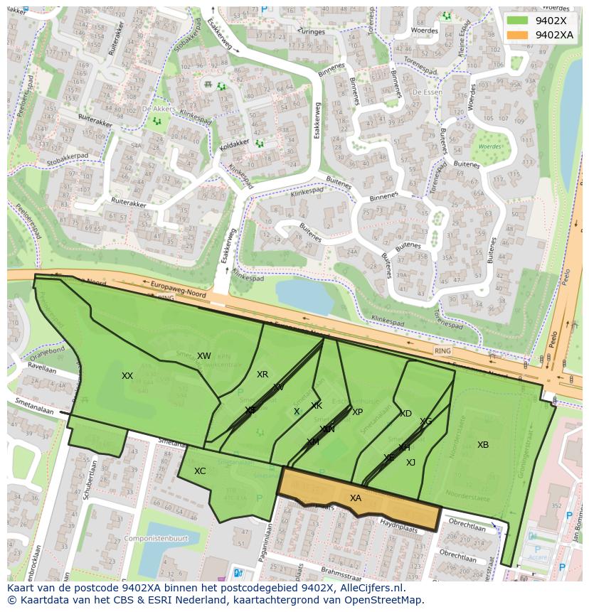 Afbeelding van het postcodegebied 9402 XA op de kaart.