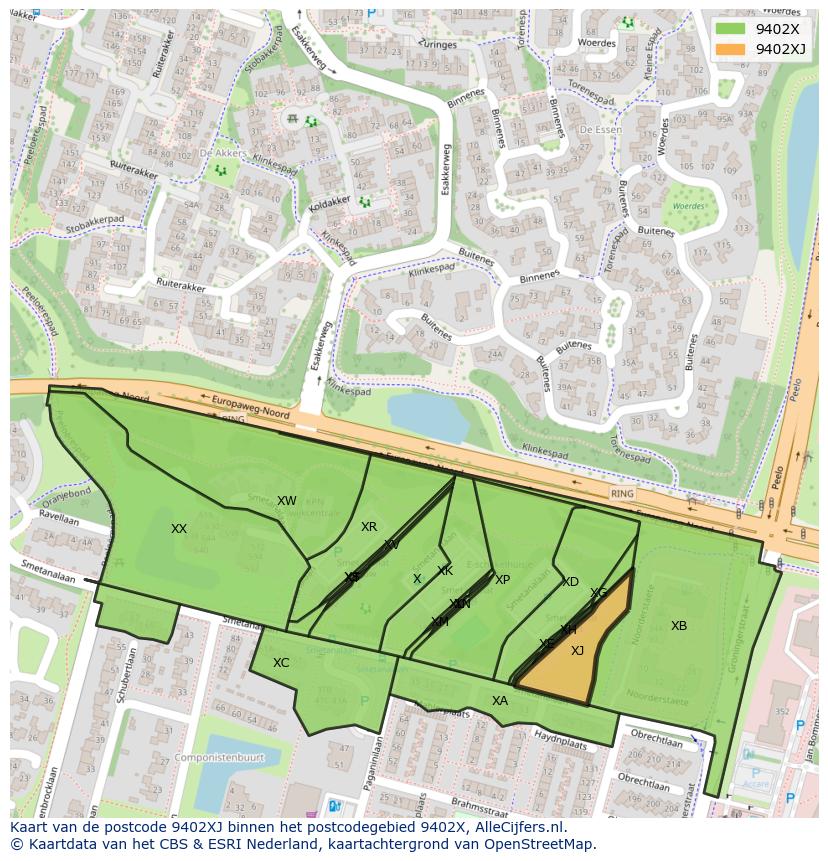 Afbeelding van het postcodegebied 9402 XJ op de kaart.