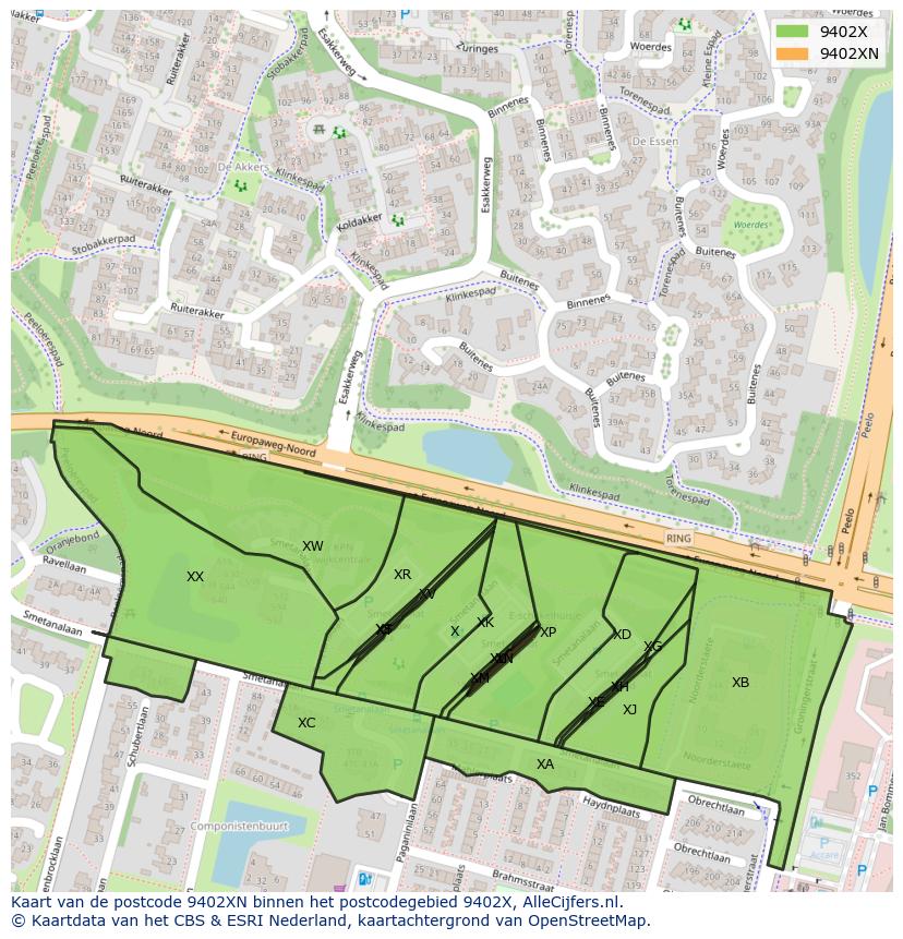 Afbeelding van het postcodegebied 9402 XN op de kaart.