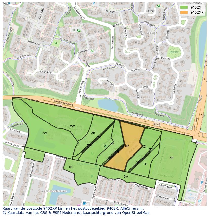 Afbeelding van het postcodegebied 9402 XP op de kaart.