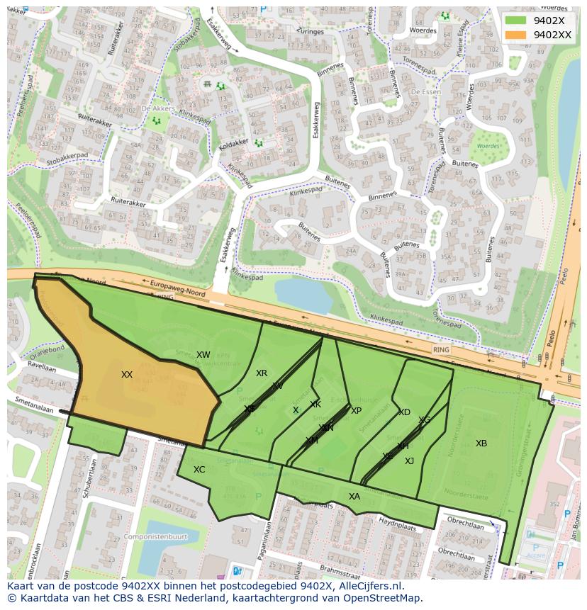 Afbeelding van het postcodegebied 9402 XX op de kaart.