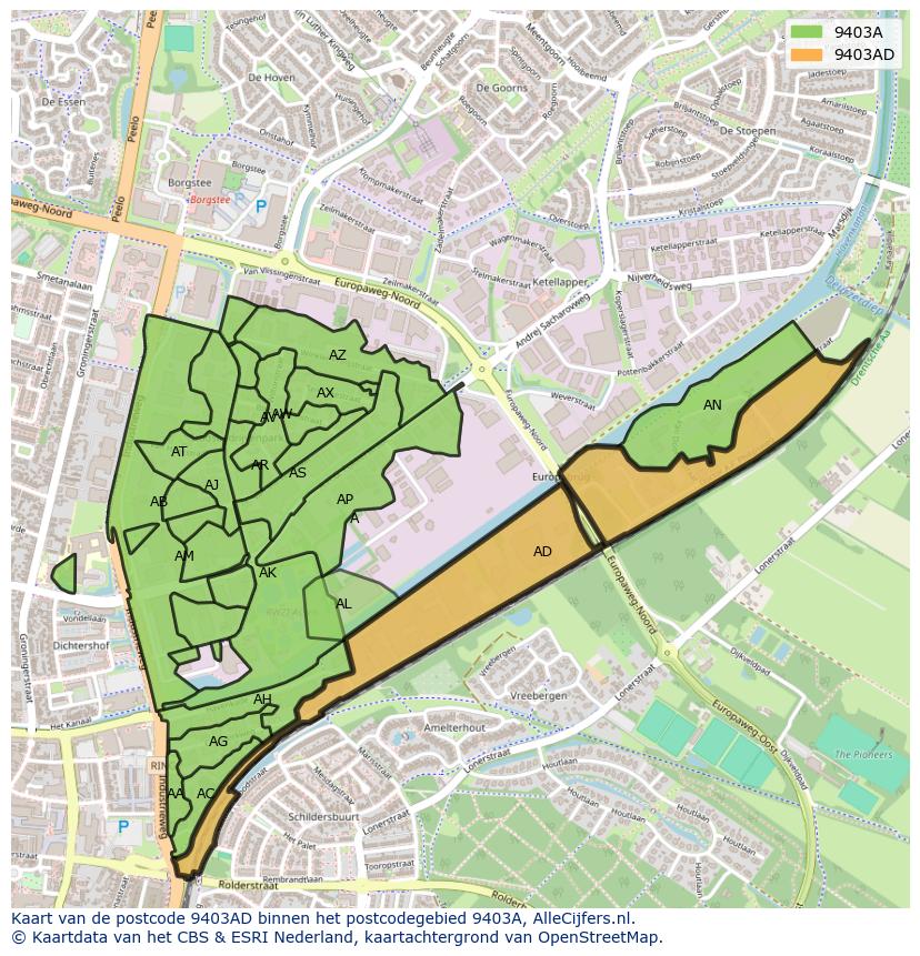 Afbeelding van het postcodegebied 9403 AD op de kaart.