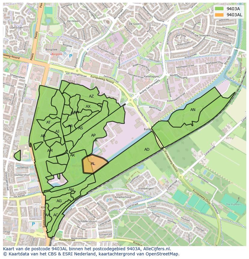 Afbeelding van het postcodegebied 9403 AL op de kaart.