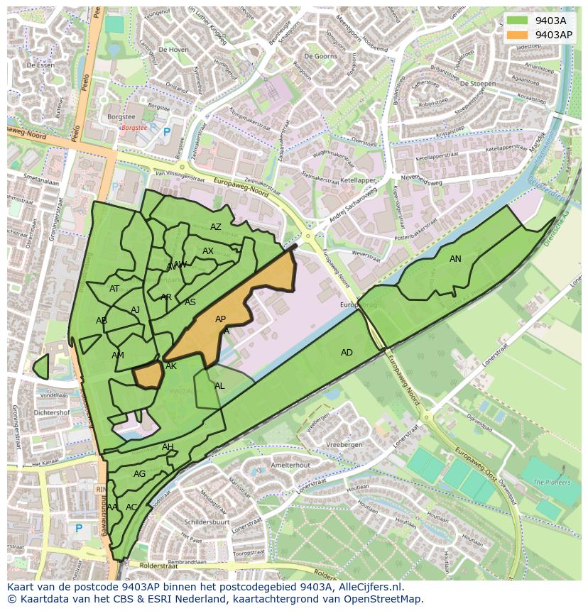 Afbeelding van het postcodegebied 9403 AP op de kaart.