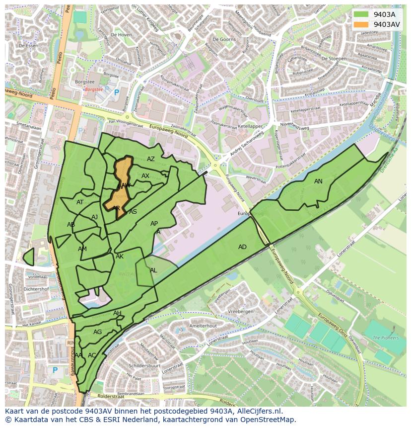 Afbeelding van het postcodegebied 9403 AV op de kaart.