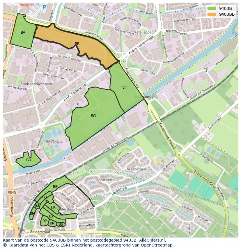 Afbeelding van het postcodegebied 9403 BB op de kaart.