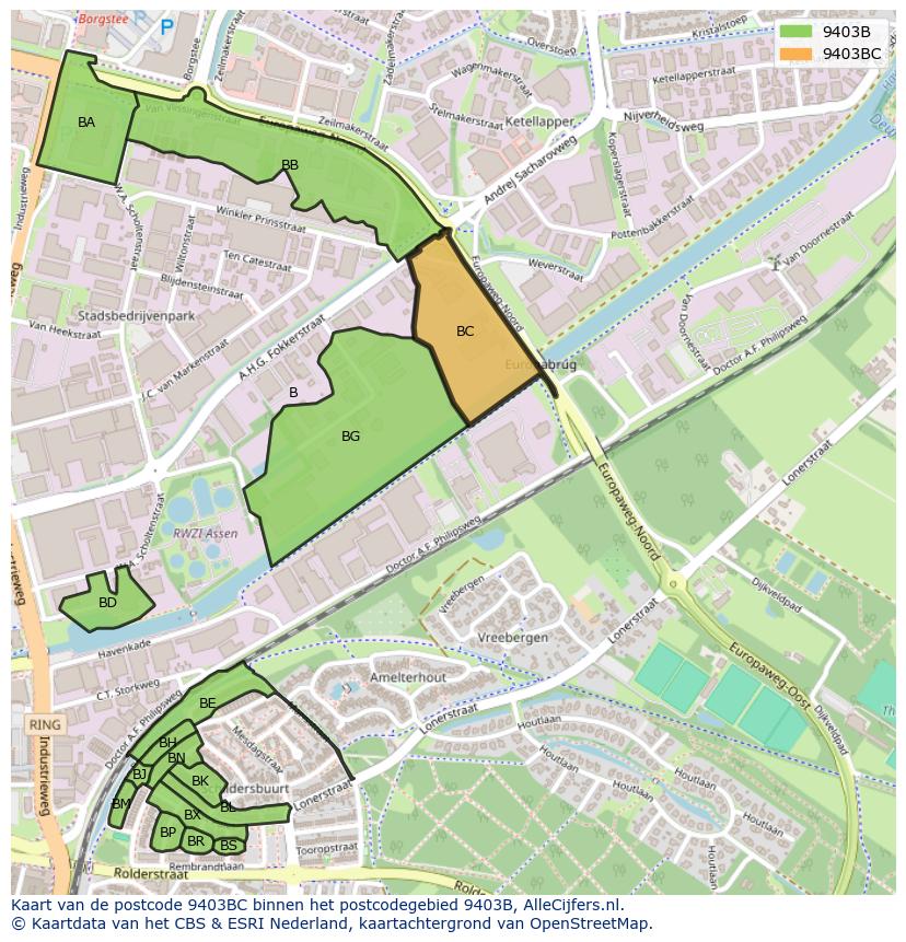 Afbeelding van het postcodegebied 9403 BC op de kaart.
