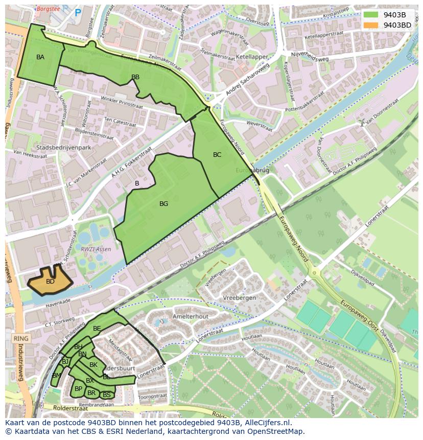 Afbeelding van het postcodegebied 9403 BD op de kaart.