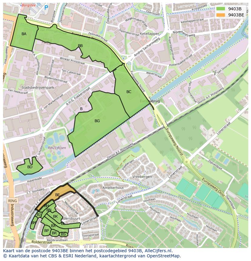 Afbeelding van het postcodegebied 9403 BE op de kaart.