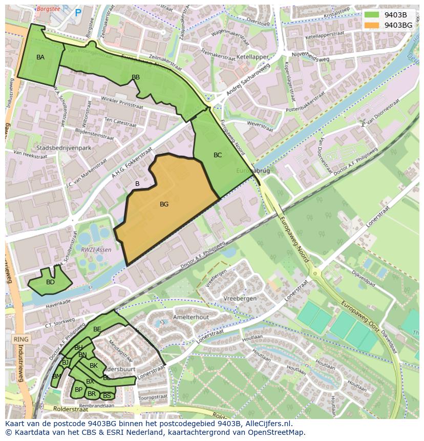 Afbeelding van het postcodegebied 9403 BG op de kaart.