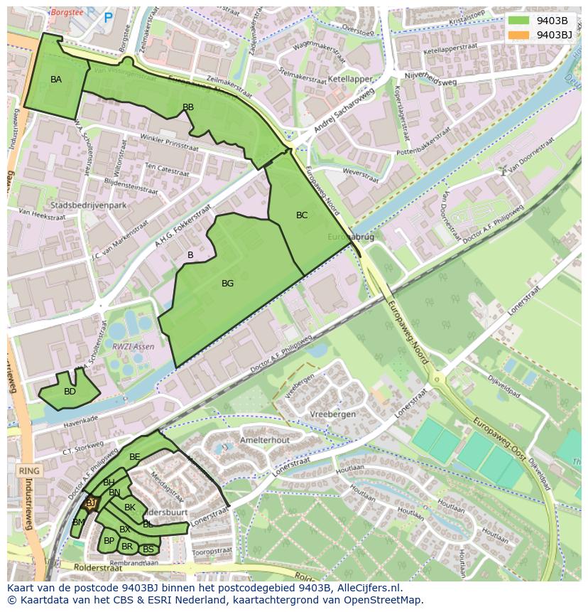 Afbeelding van het postcodegebied 9403 BJ op de kaart.