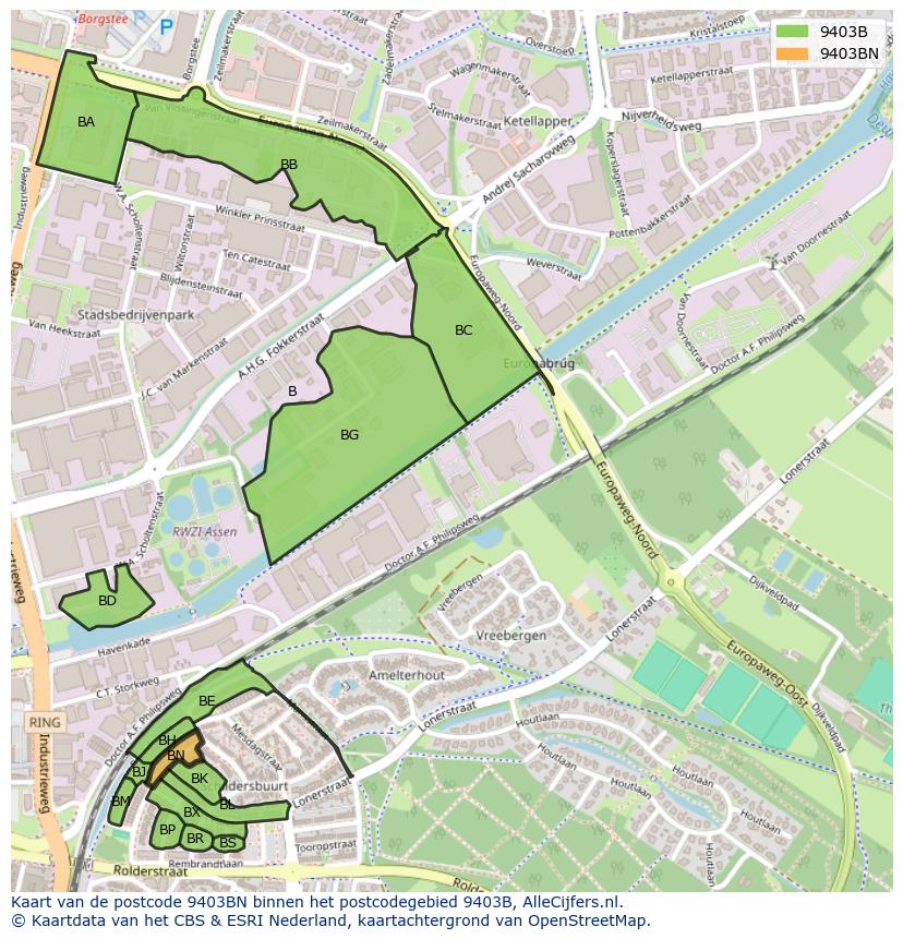 Afbeelding van het postcodegebied 9403 BN op de kaart.