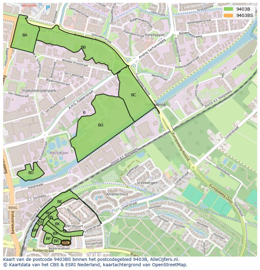 Afbeelding van het postcodegebied 9403 BS op de kaart.