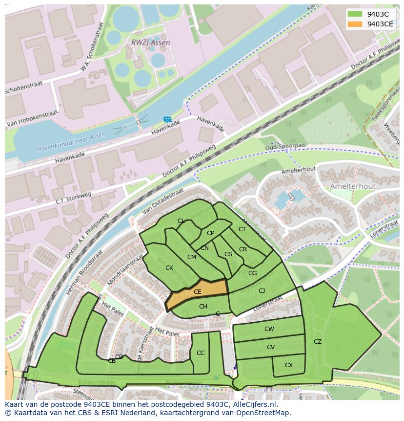 Afbeelding van het postcodegebied 9403 CE op de kaart.