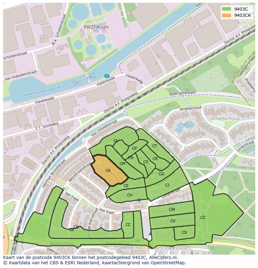 Afbeelding van het postcodegebied 9403 CK op de kaart.