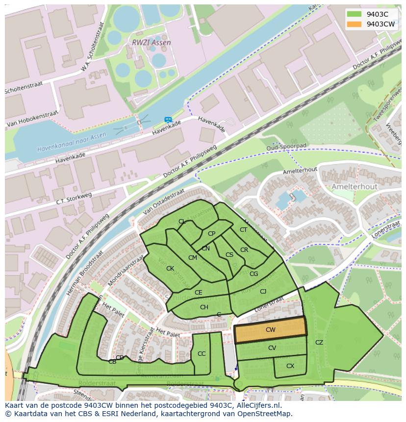 Afbeelding van het postcodegebied 9403 CW op de kaart.
