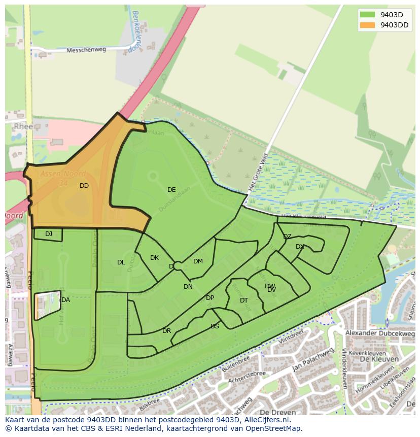 Afbeelding van het postcodegebied 9403 DD op de kaart.