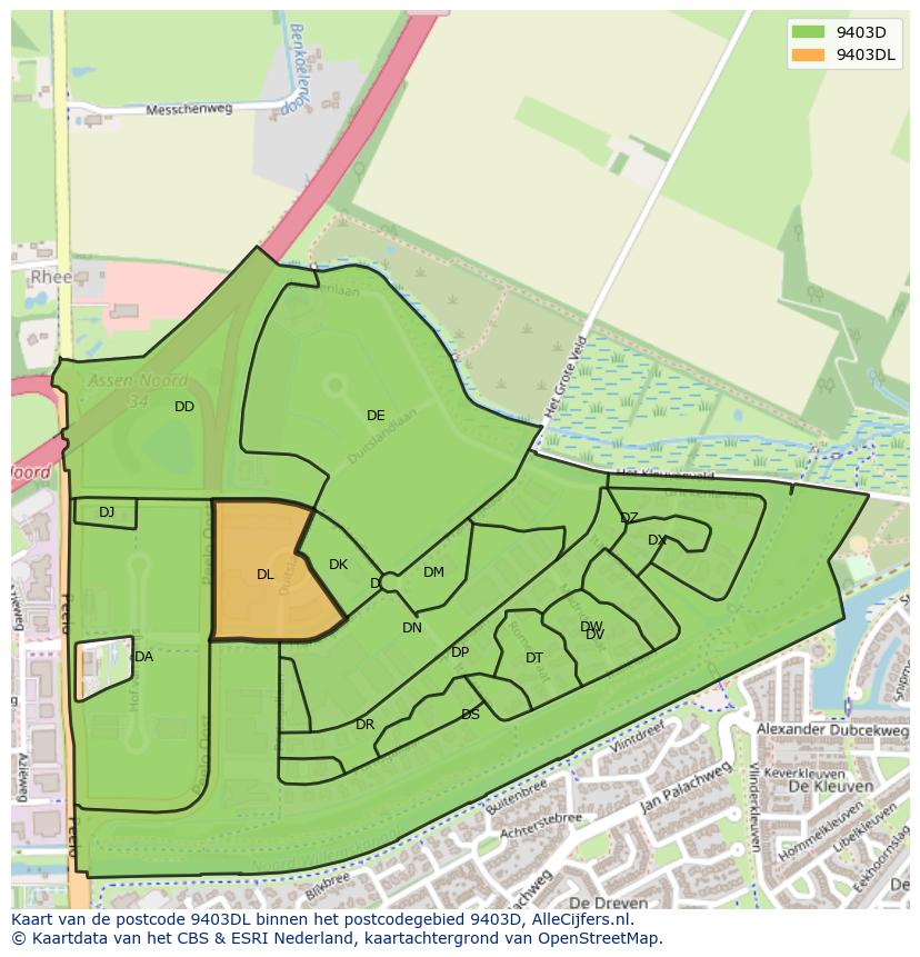 Afbeelding van het postcodegebied 9403 DL op de kaart.