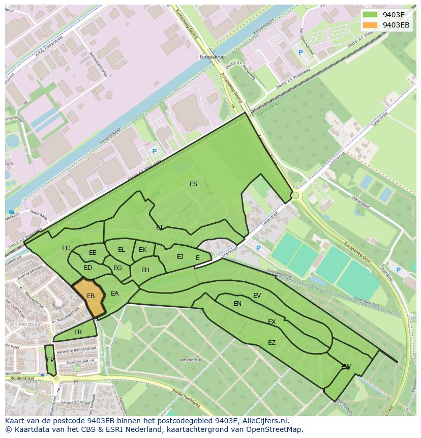 Afbeelding van het postcodegebied 9403 EB op de kaart.