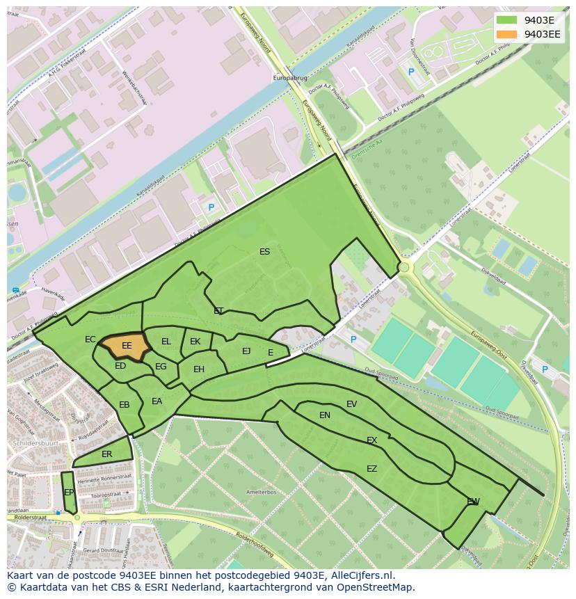 Afbeelding van het postcodegebied 9403 EE op de kaart.