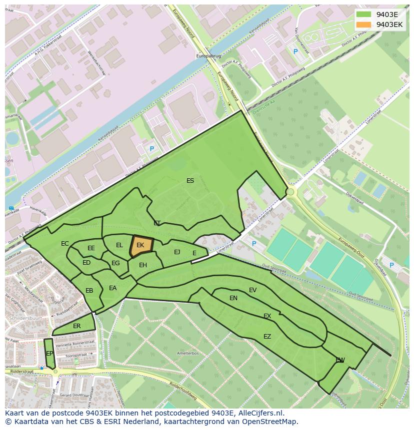 Afbeelding van het postcodegebied 9403 EK op de kaart.