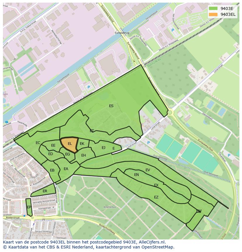 Afbeelding van het postcodegebied 9403 EL op de kaart.