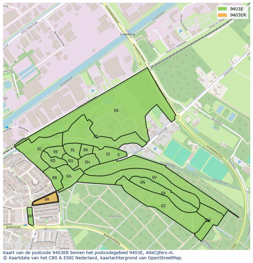 Afbeelding van het postcodegebied 9403 ER op de kaart.