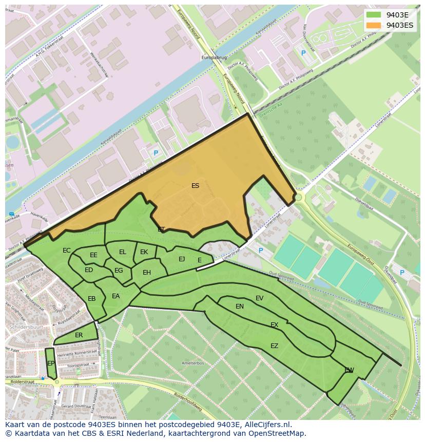 Afbeelding van het postcodegebied 9403 ES op de kaart.