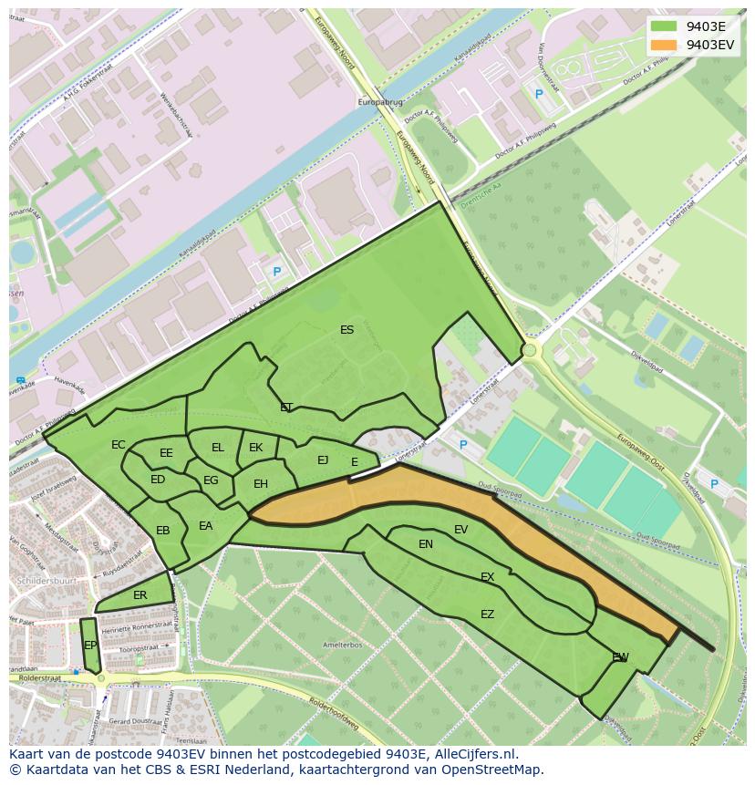 Afbeelding van het postcodegebied 9403 EV op de kaart.