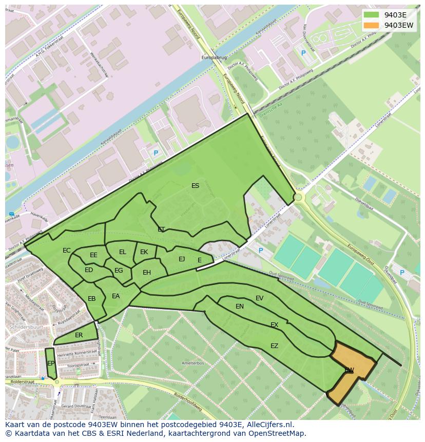 Afbeelding van het postcodegebied 9403 EW op de kaart.