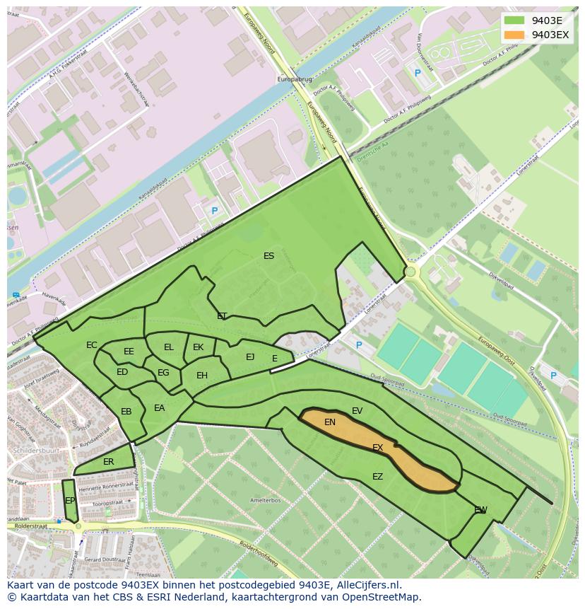 Afbeelding van het postcodegebied 9403 EX op de kaart.