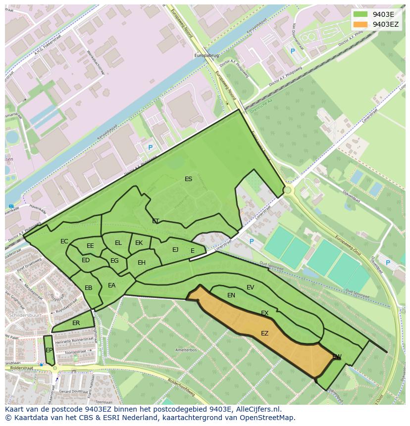Afbeelding van het postcodegebied 9403 EZ op de kaart.