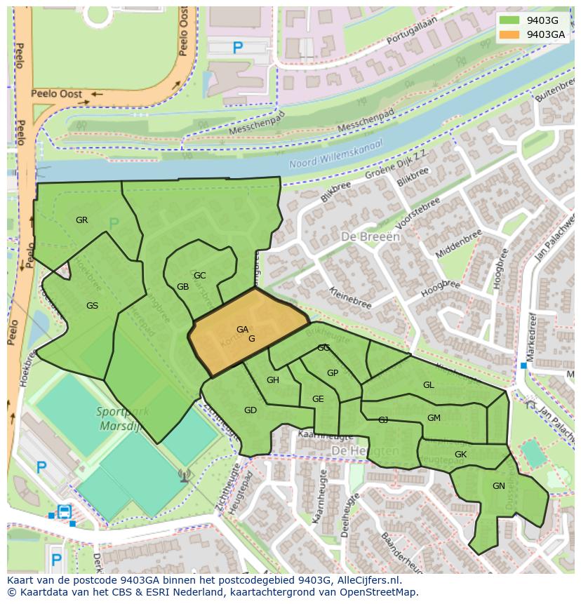 Afbeelding van het postcodegebied 9403 GA op de kaart.