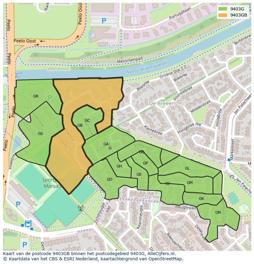 Afbeelding van het postcodegebied 9403 GB op de kaart.
