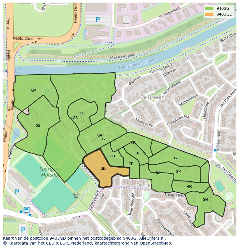 Afbeelding van het postcodegebied 9403 GD op de kaart.
