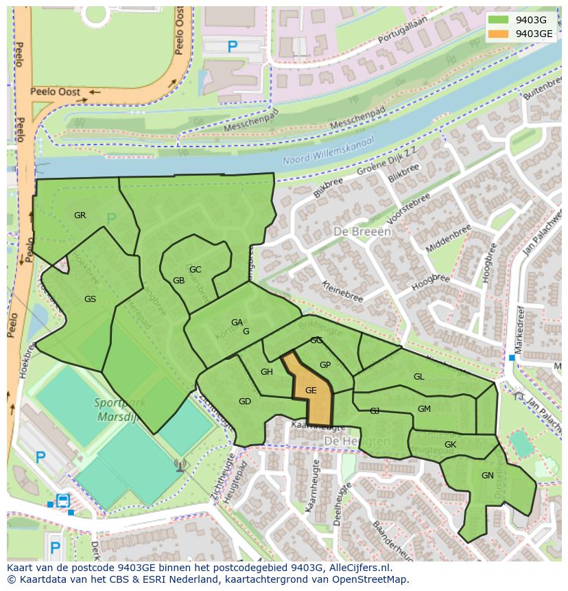 Afbeelding van het postcodegebied 9403 GE op de kaart.