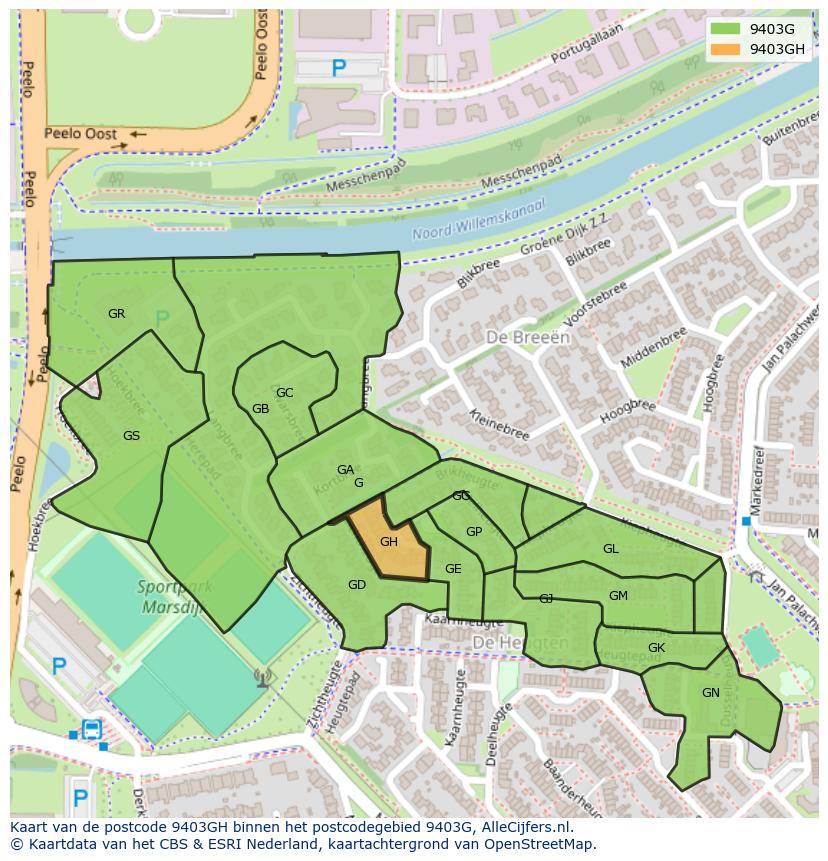 Afbeelding van het postcodegebied 9403 GH op de kaart.