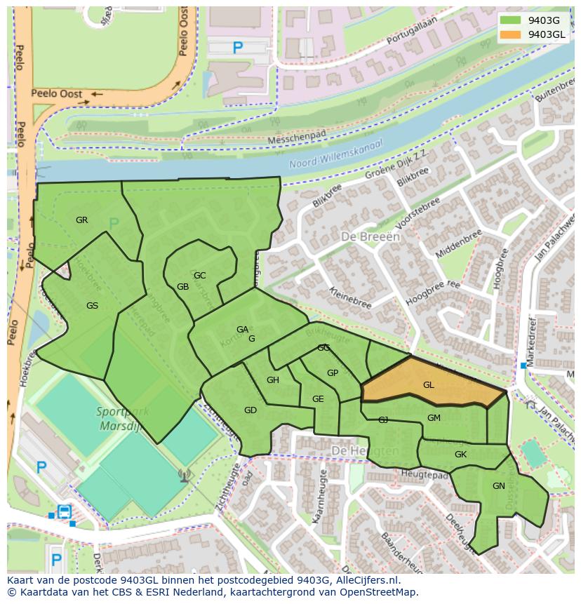 Afbeelding van het postcodegebied 9403 GL op de kaart.