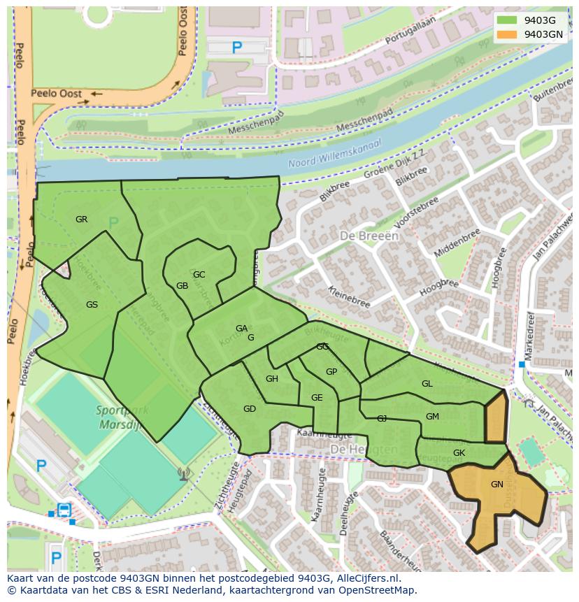 Afbeelding van het postcodegebied 9403 GN op de kaart.