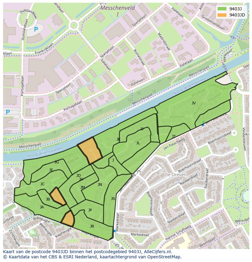 Afbeelding van het postcodegebied 9403 JD op de kaart.