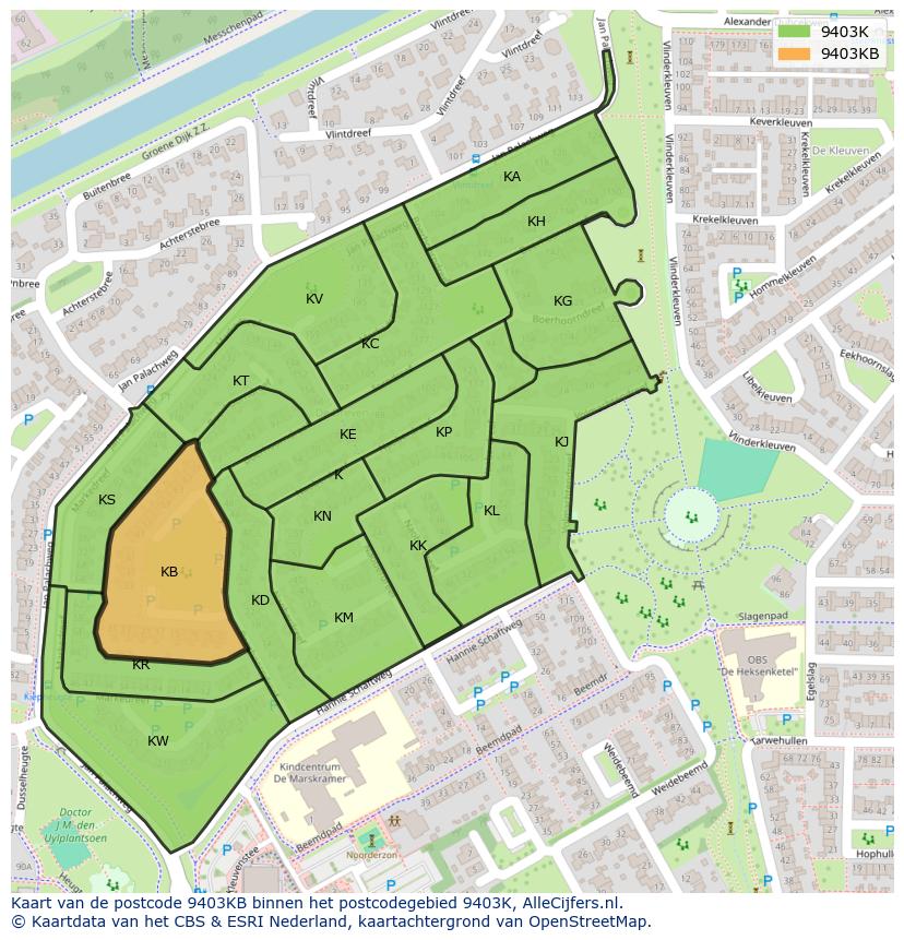 Afbeelding van het postcodegebied 9403 KB op de kaart.