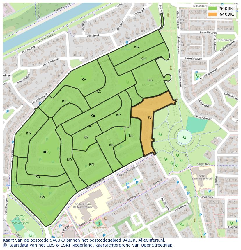 Afbeelding van het postcodegebied 9403 KJ op de kaart.
