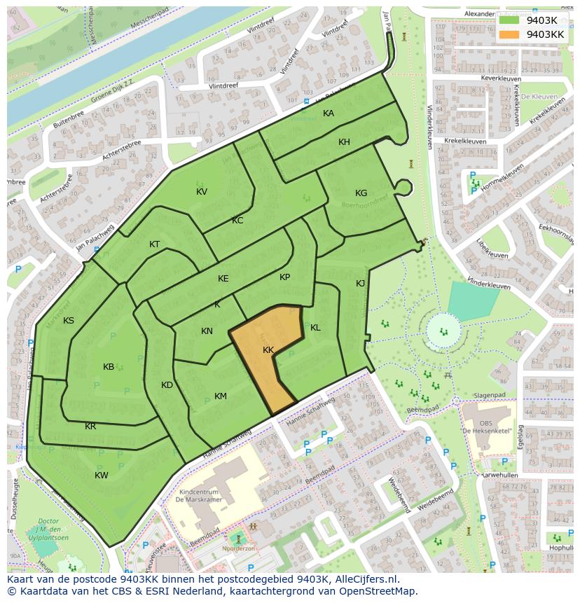 Afbeelding van het postcodegebied 9403 KK op de kaart.