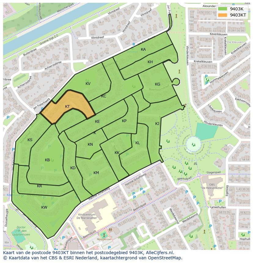 Afbeelding van het postcodegebied 9403 KT op de kaart.